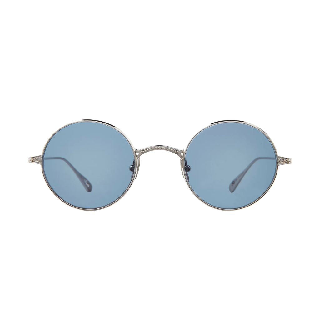 Designer-Sonnenbrille von Garrett Leight GLCO x OZZY SUN Limited Edition  in Platinum mit blauen Gläsern bei Optik Bartholomä München