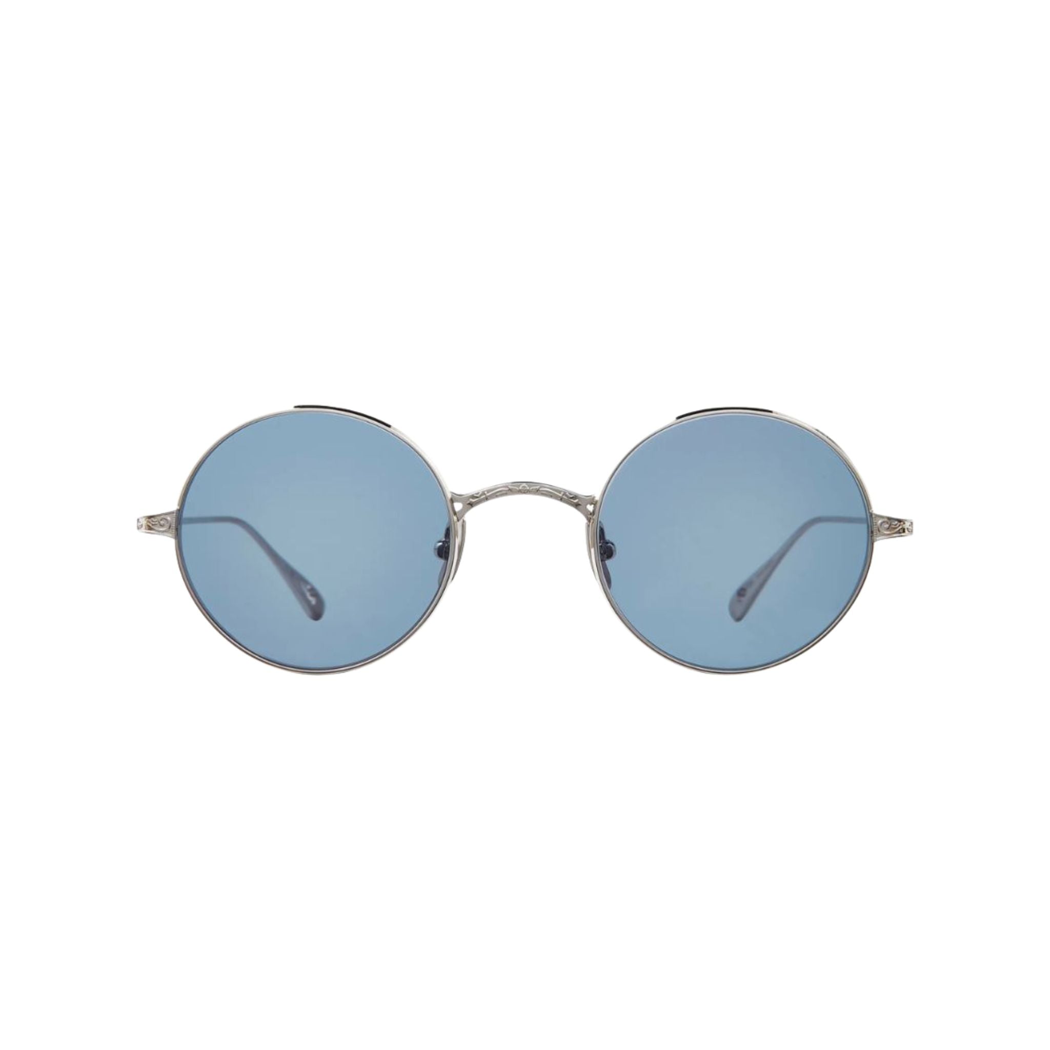 Designer-Sonnenbrille von Garrett Leight GLCO x OZZY SUN Limited Edition  in Platinum mit blauen Gläsern bei Optik Bartholomä München