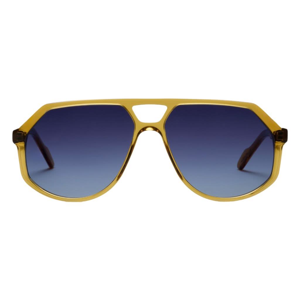 Frontansicht der HUG Spectacles REED 36S in Curry mit Blue Gradient – Designer-Sonnenbrille aus Premium-Acetat bei Optik Bartholomä München