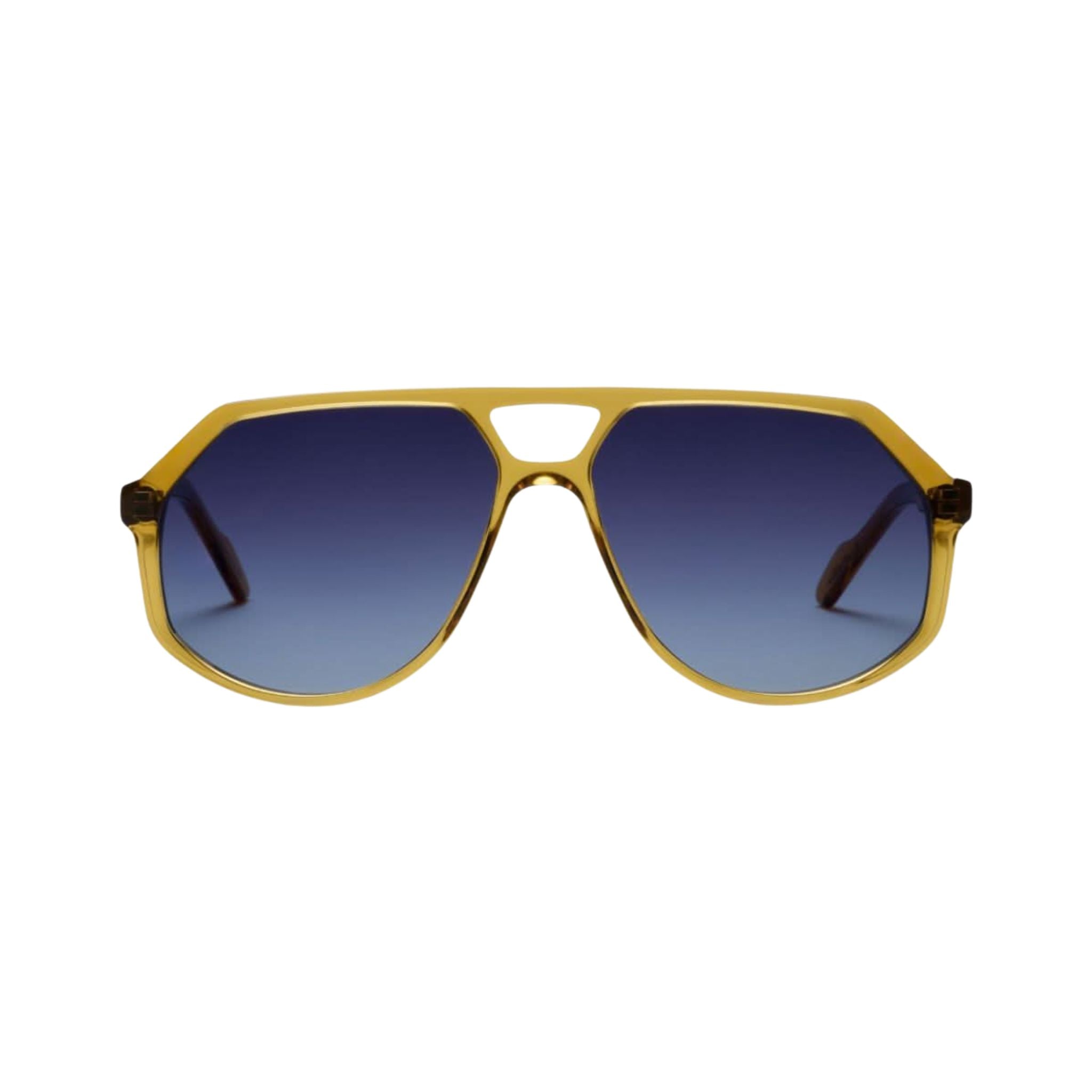 Frontansicht der HUG Spectacles REED 36S in Curry mit Blue Gradient – Designer-Sonnenbrille aus Premium-Acetat bei Optik Bartholomä München