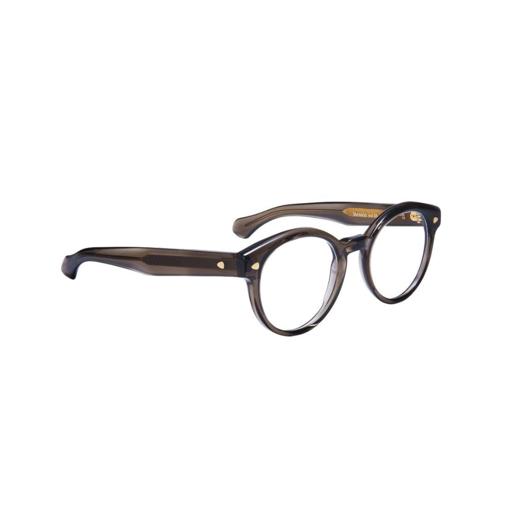 HUG Spectacles BESSIE 03G Brille Seitenansicht Acetat grau transparent Shadow handgefertigt Deutschland München Optiker Optik Bartholomä