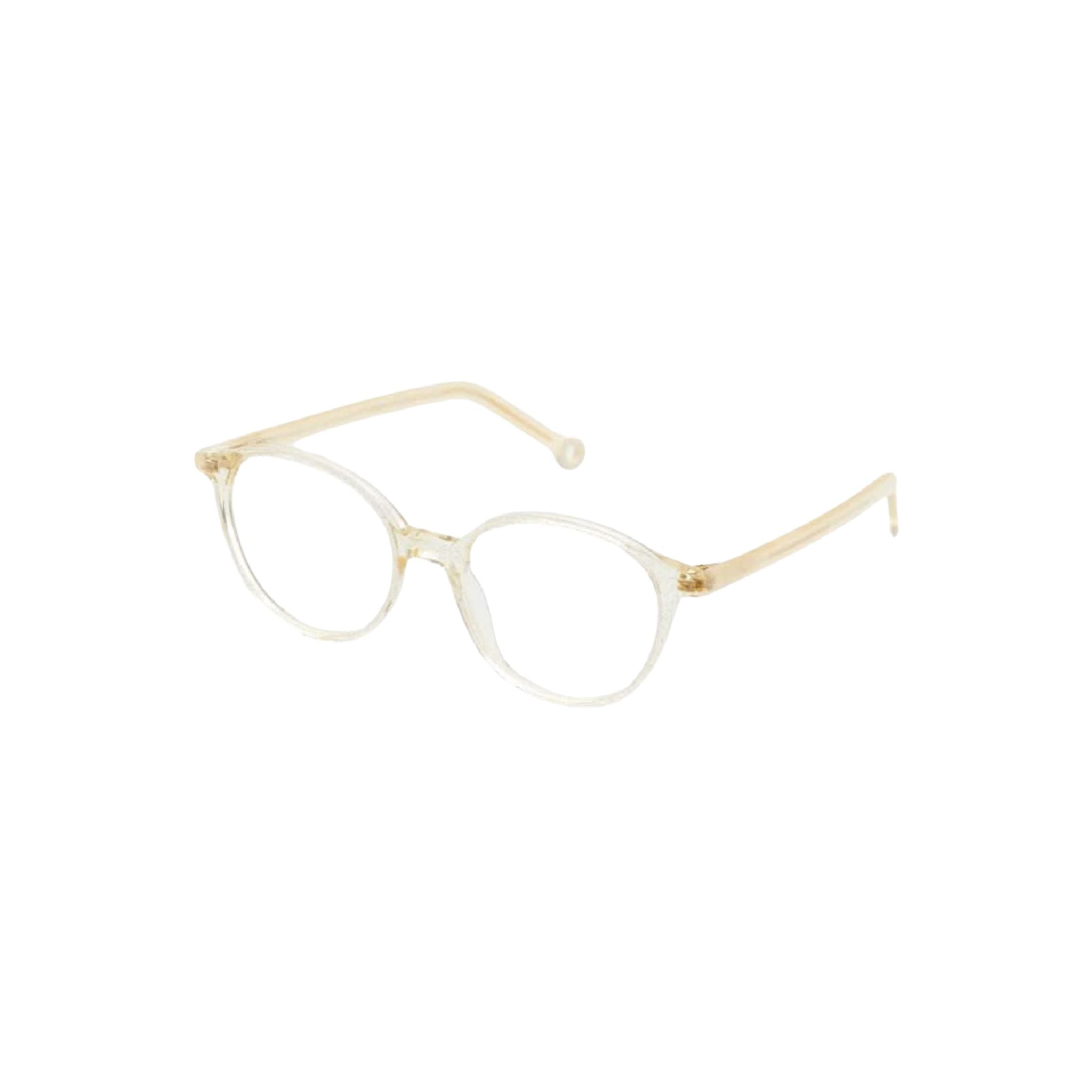 Seitenansicht der Kaleos Kids Kusakabe col. 3 Brille mit transparenten Beige-Bügeln und weißen Enden – Brillen Schneider in München.