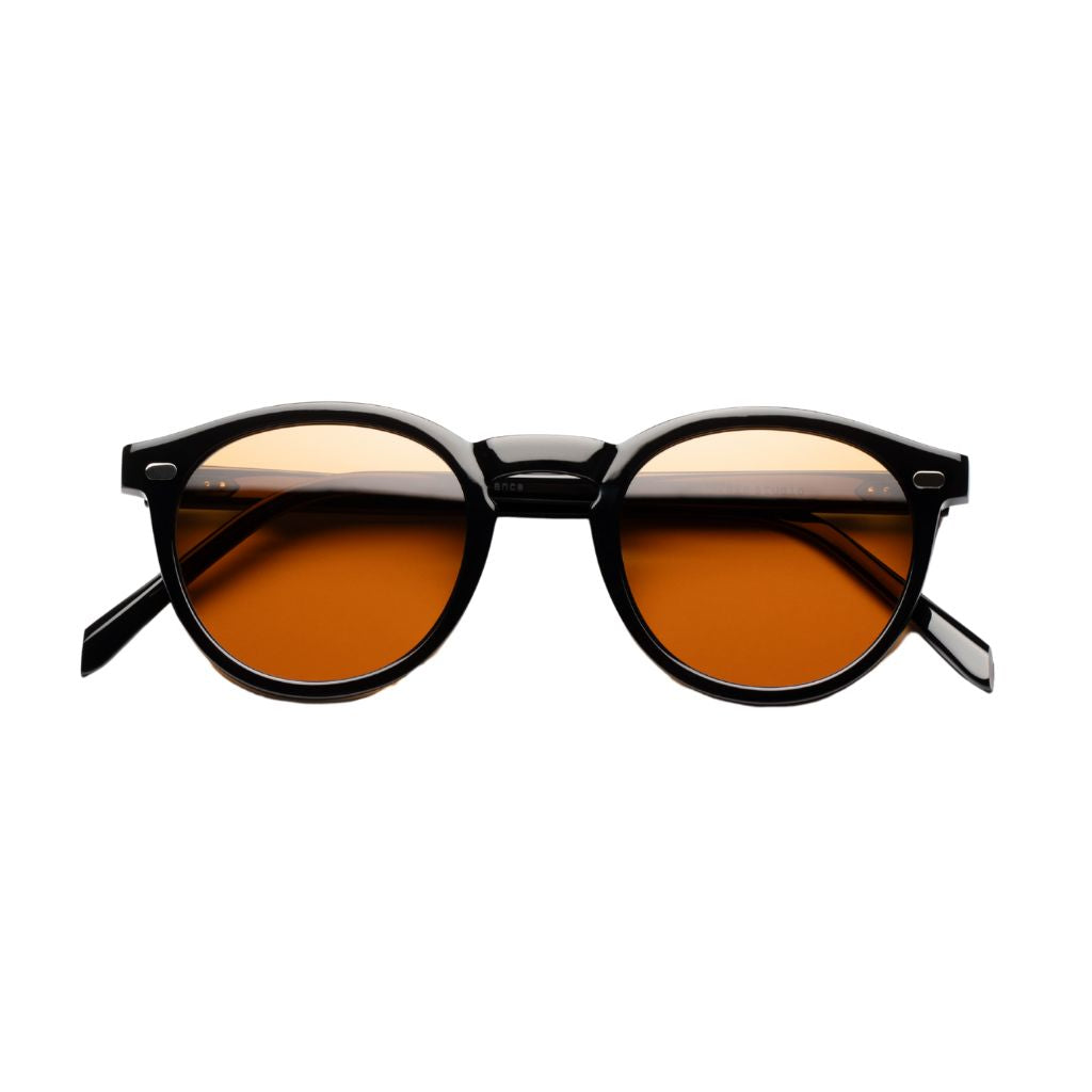 Lazare Studio Azoff Black Amber Delight Brille schwarz rund mit getönten Amber Gläsern Acetat handgefertigt Frankreich München Optiker