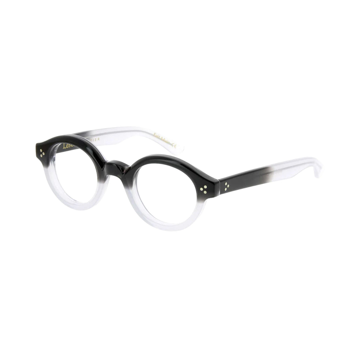Lesca Lunetier CORBS 100 runde Acetatbrille mit Farbverlauf von Schwarz zu transparentem Crystal, Schlüssellochsteg und hellen Ziernieten – BRILLEN SCHNEIDER München