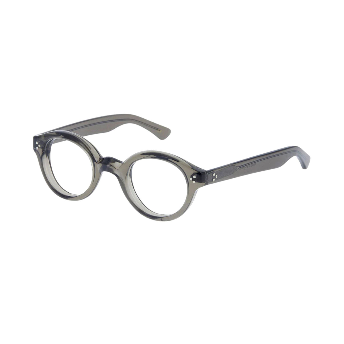 Lesca Lunetier CORBS Grey Crystal runde Brille aus transparent rauchgrauem Acetat mit kräftigem Rahmen, Schlüssellochsteg und hellen Ziernieten – BRILLEN SCHNEIDER München