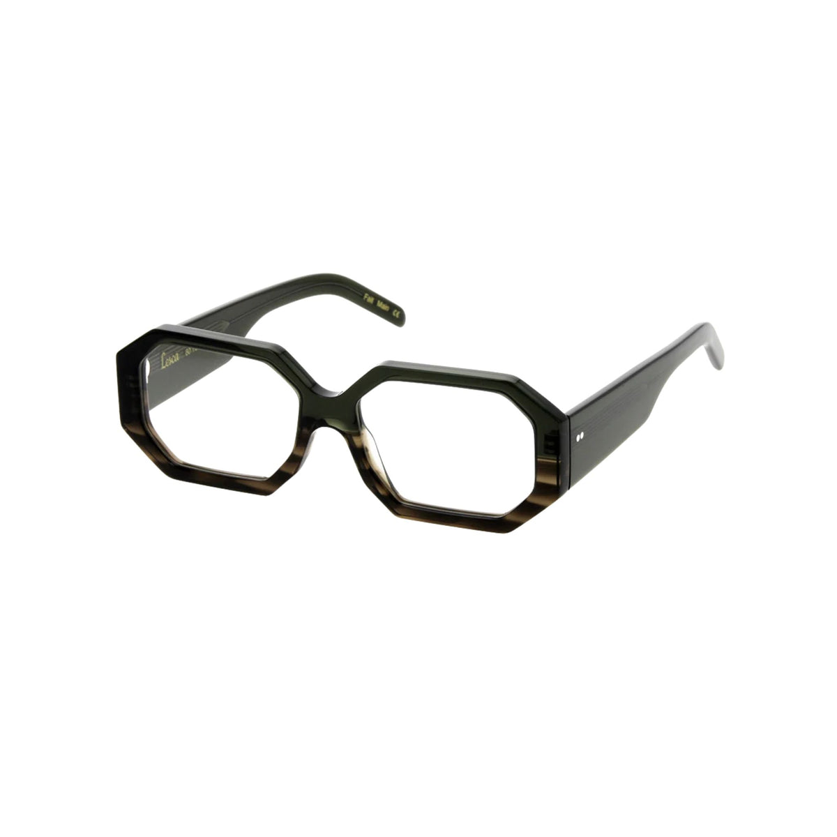 Lesca Lunetier LADY 56 geometrische achteckige Acetatbrille in Dunkelgrün mit braunen Schattierungen, breiten Bügeln und silberfarbenen Ziernieten – BRILLEN SCHNEIDER München