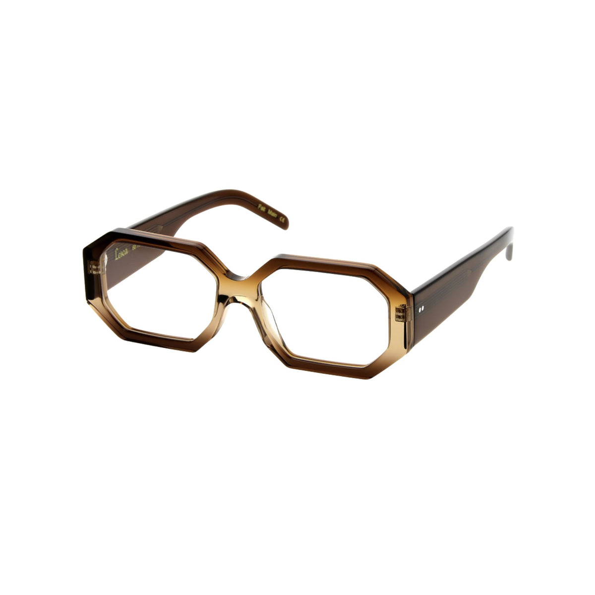 Lesca Lunetier LADY 68 achteckige Designerbrille aus transparent cognacbraunem Acetat mit markanter geometrischer Front und breiten Bügeln – BRILLEN SCHNEIDER München