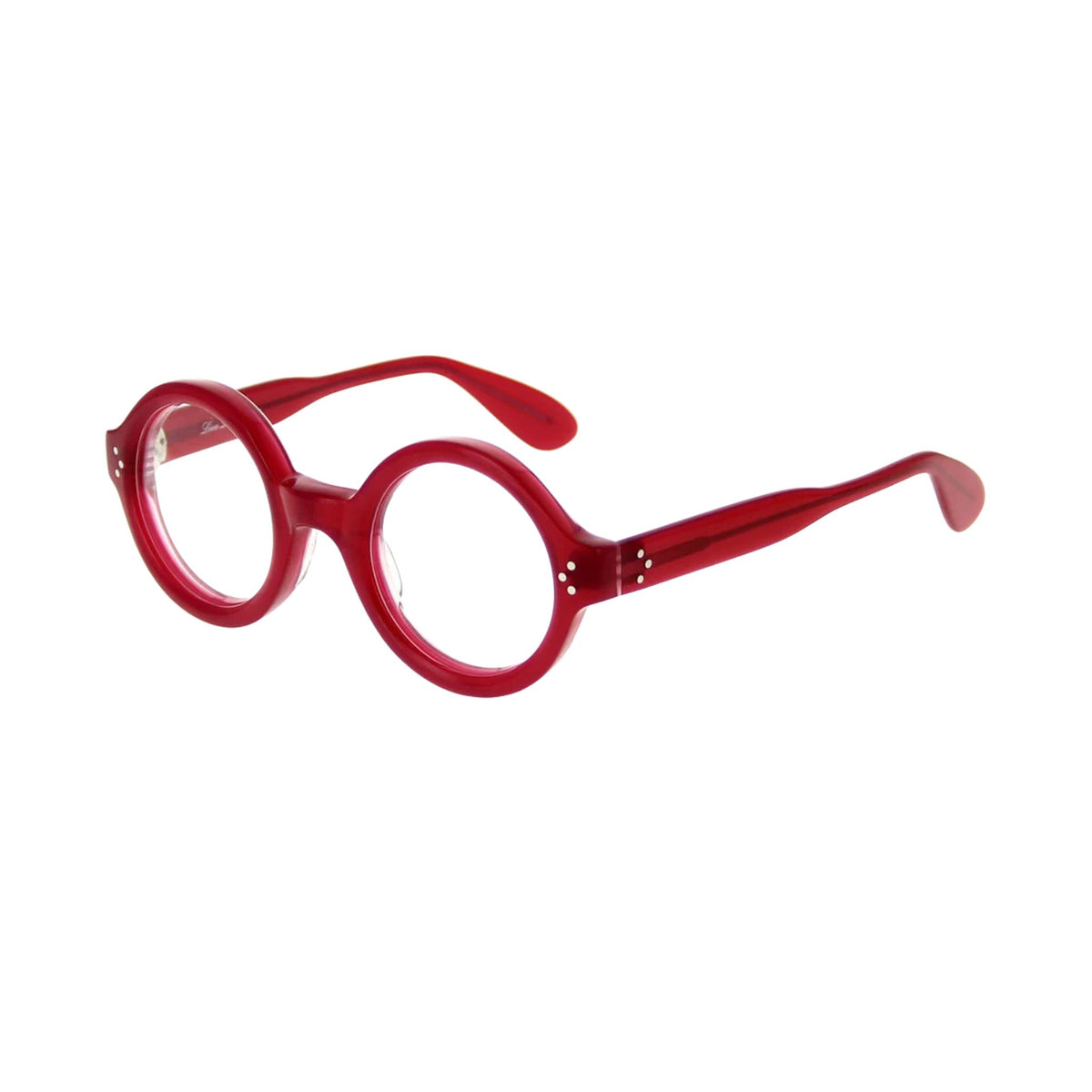 Lesca Lunetier PHIL 218 runde Brille aus glänzend rotem Acetat mit kräftiger Fassung, Schlüssellochsteg, breiten Bügeln und hellen Ziernieten – BRILLEN SCHNEIDER München