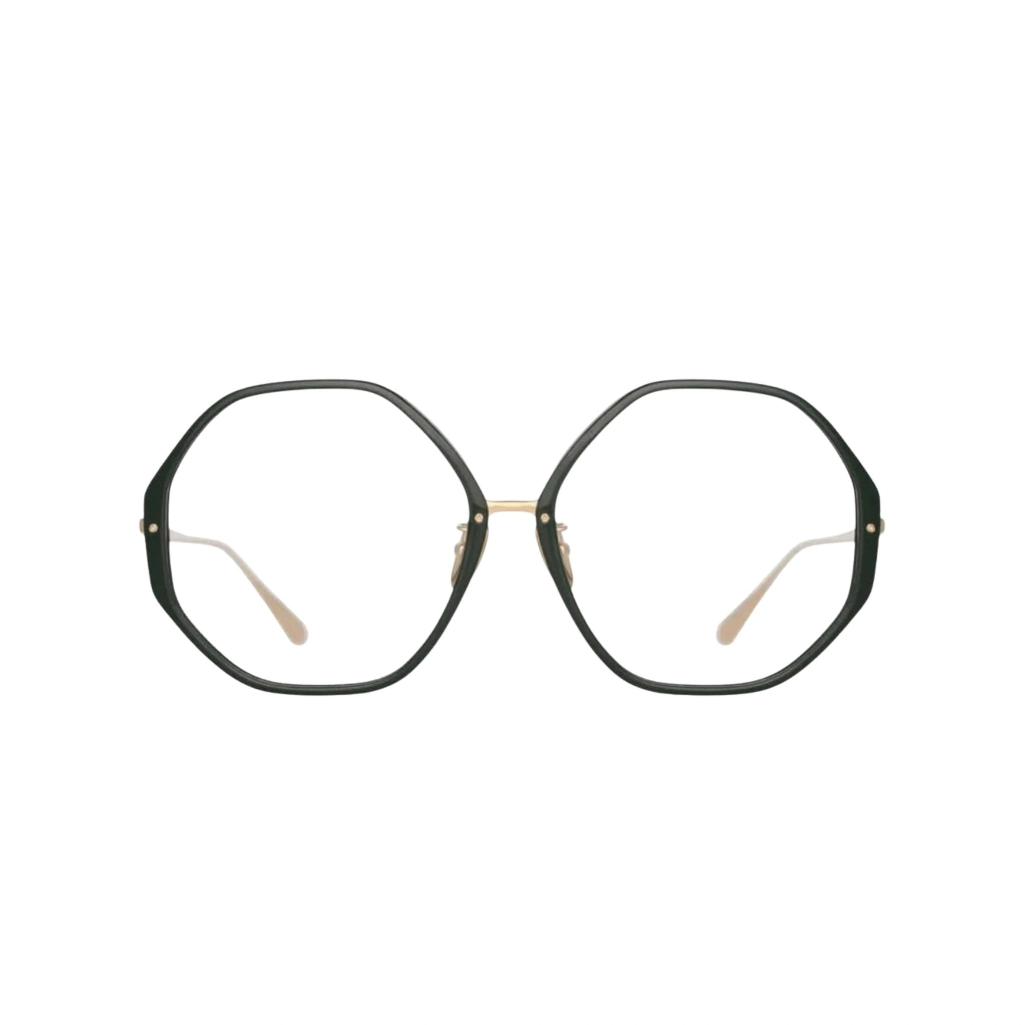 Linda Farrow Alona Brille in Forest, eine hochwertige Designerbrille mit markantem Design, erhältlich bei Brillen Schneider, Ihrem Augenoptiker in München.