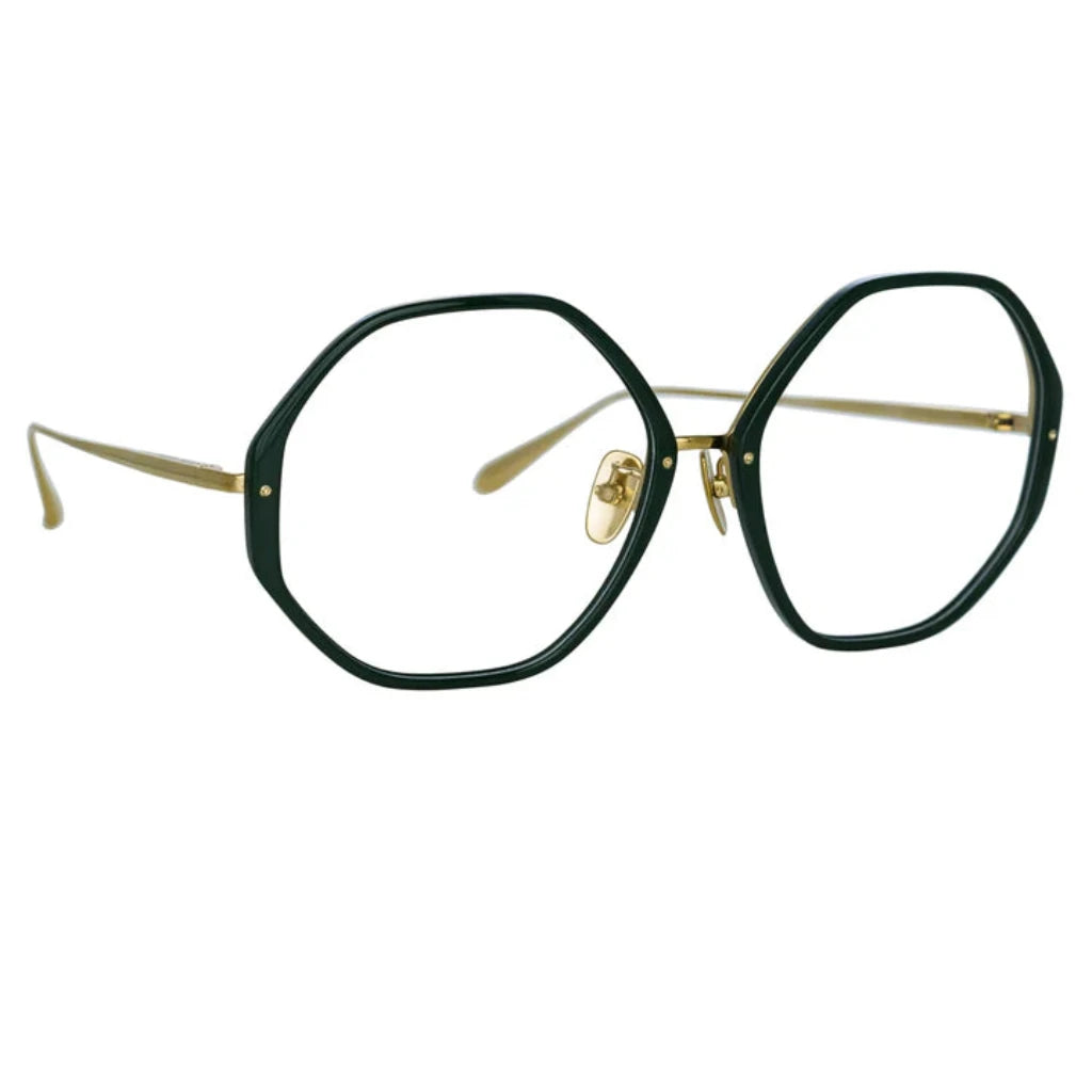 Detailaufnahme der Linda Farrow Alona Forest Brille, die mit ihrem ikonischen Retro-Look und hochwertiger Verarbeitung als Designerbrille bei Brillen Schneider, Augenoptiker in München erhältlich