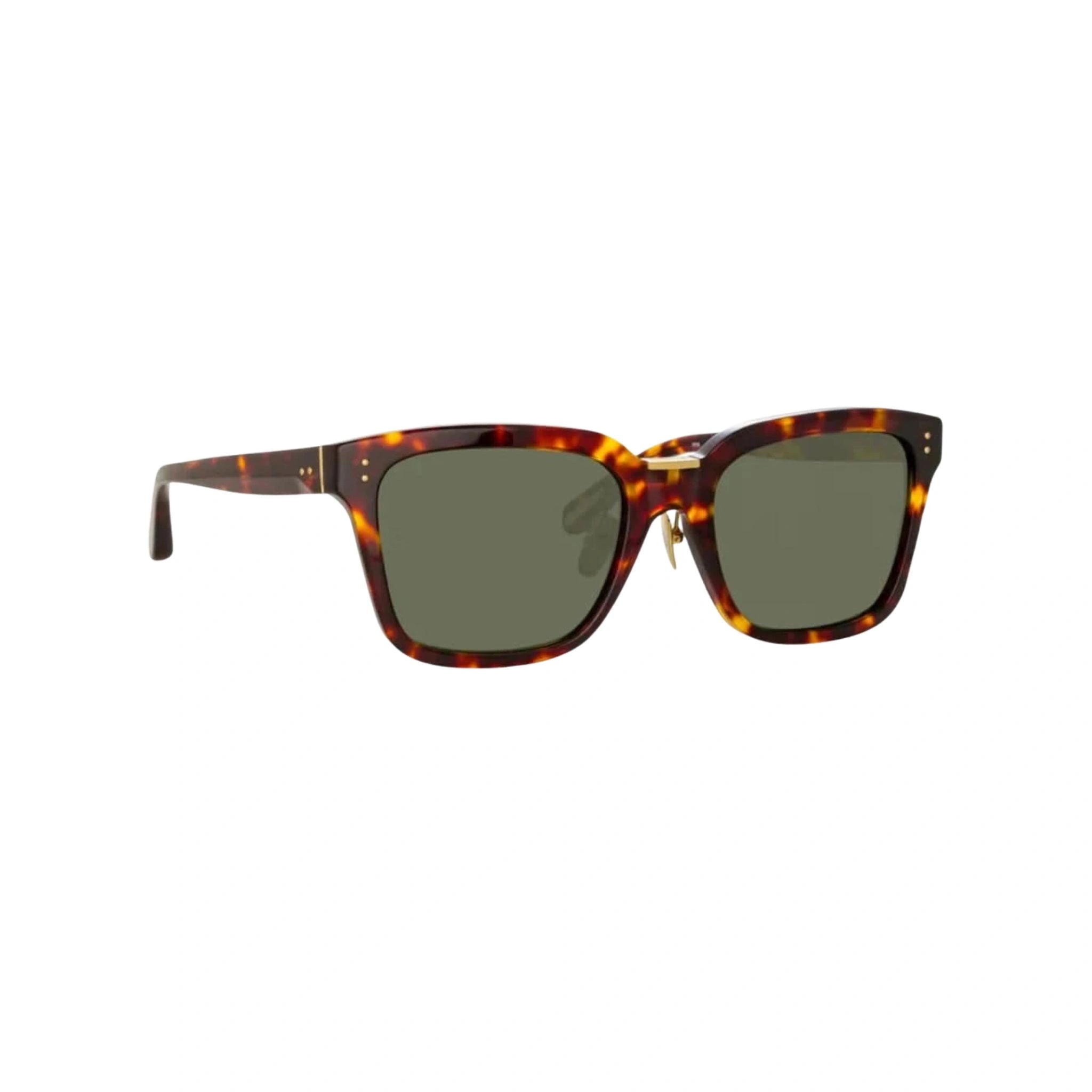 Detailaufnahme der Linda Farrow Desiree Brown Sonnenbrille, die mit hochwertigem Design und edlen Materialien maximalen Sonnenschutz bietet. Erhältlich bei Brillen Schneider, Ihrem Optiker in München