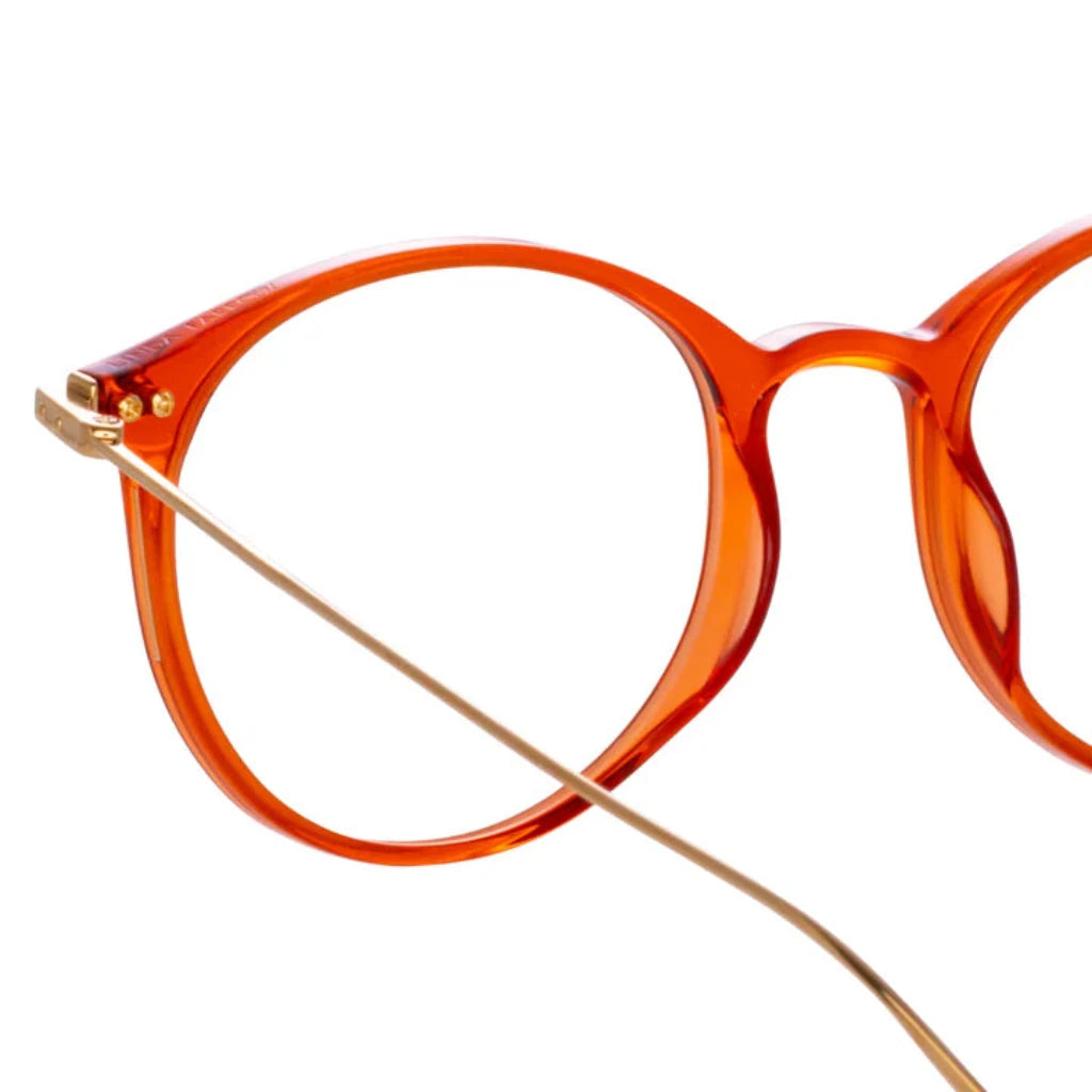 Detailaufnahme der Linda Farrow Gray Amber Light Gold Brille, die mit edlen goldenen Scharnieren und modernem Design ein luxuriöses Statement setzt. Erhältlich bei Brillen Schneider, Ihrem Augenoptiker in München.