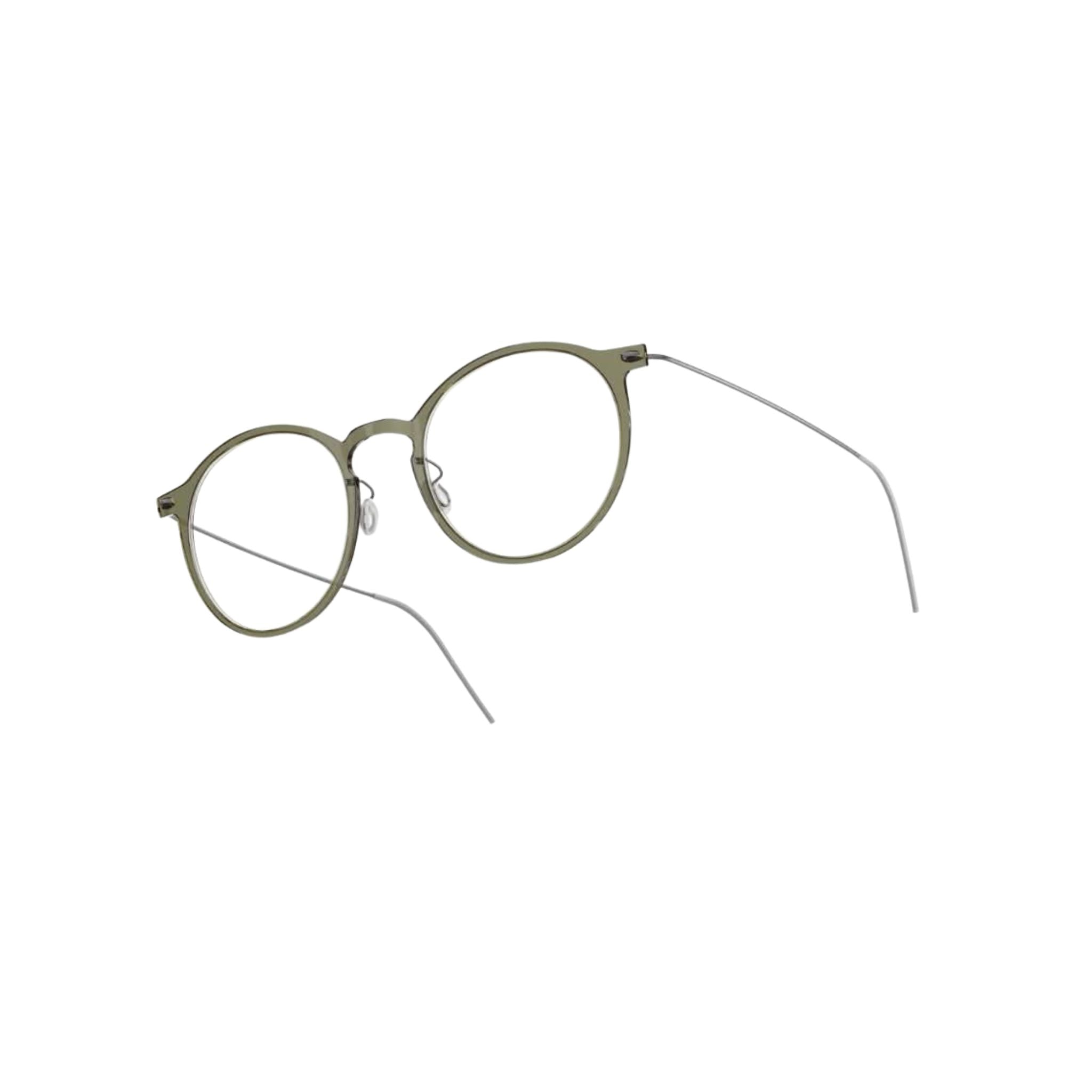 Designerbrille Modell 6541 C11 von Lindberg, Seitenansicht, Acetatfront in Khaki kombiniert mit dunkelgrauen Titanbügeln. Modernes und zeitloses Design, erhältlich bei Brillen Schneider in München.