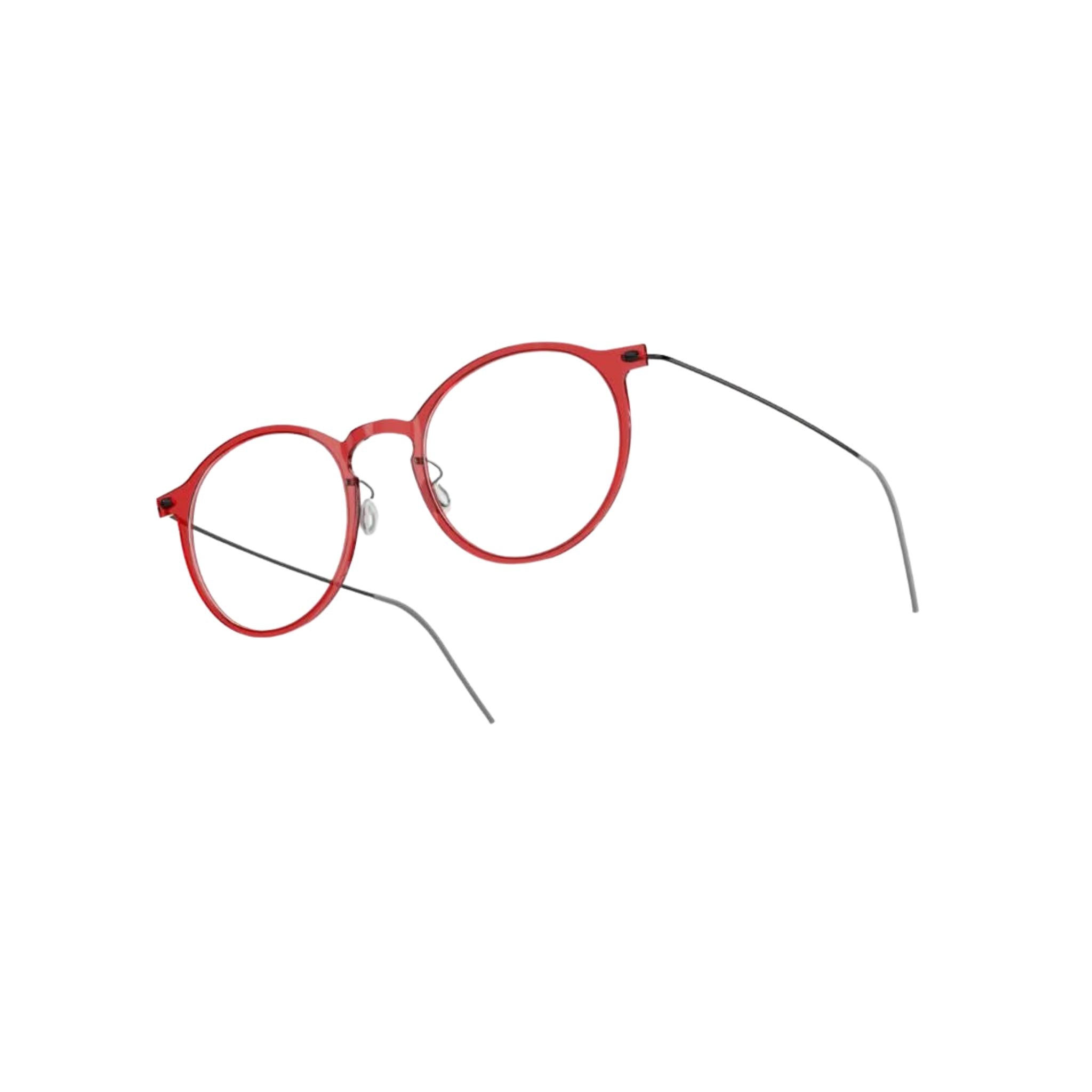 Brille Modell 6541 C12 von Lindberg - Frontansicht der transparenten roten Acetatfront kombiniert mit eleganten grauen Titanbügeln. Schlichte Eleganz und modernes Design, erhältlich bei Brillen Schneider in München.