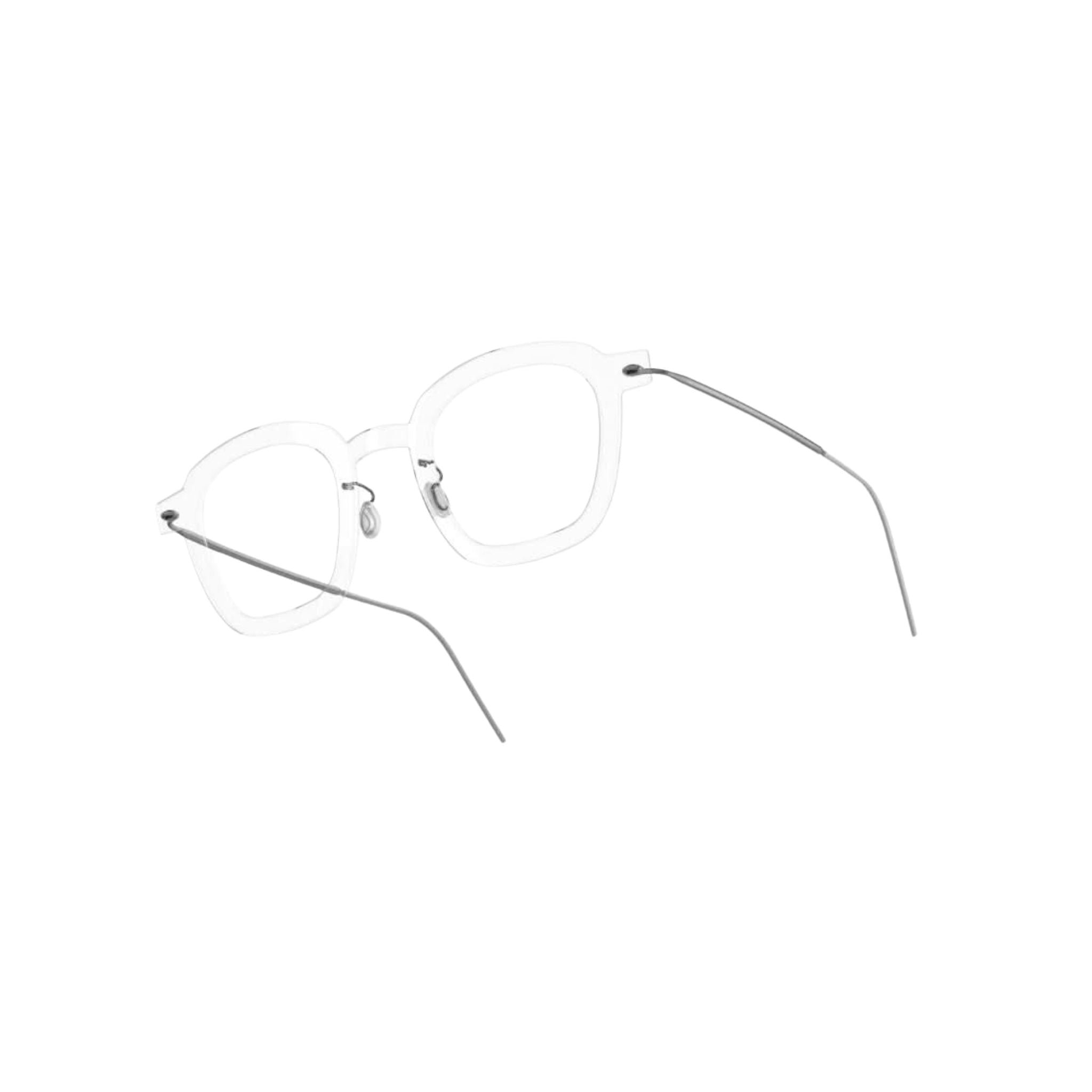 Seitliche Ansicht der Lindberg Brille 6587 C01 – klare, transparente Acetatfront kombiniert mit eleganten, matten Titanbügeln. Modernes, leicht rechteckiges Design, erhältlich bei Brillen Schneider in München.