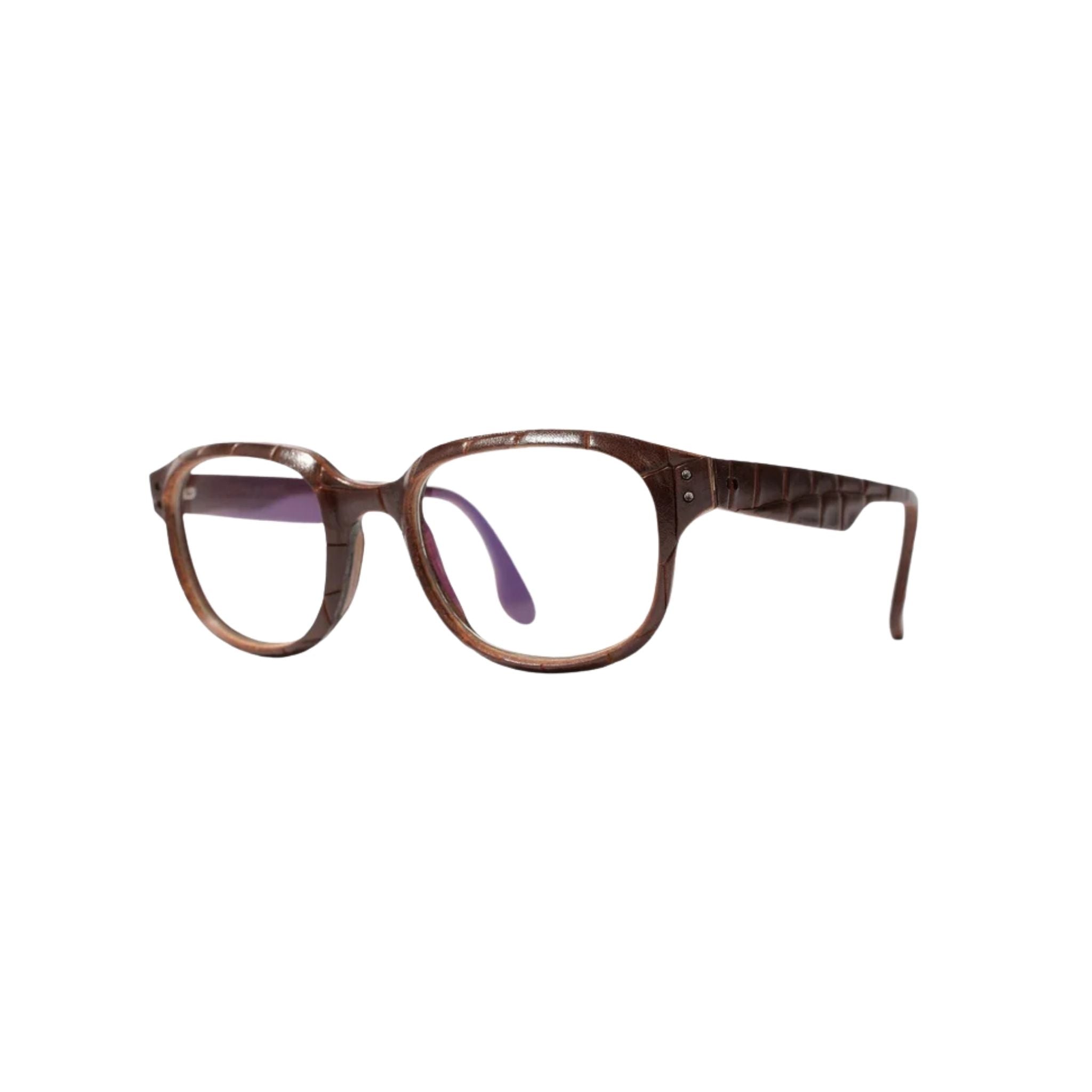 Lucas de Staël Zeppelin 18 Col. 34 Lederbrille Seitenansicht braunes Rindsleder Croco Prägung Designerbrille Brillen Schneider München
