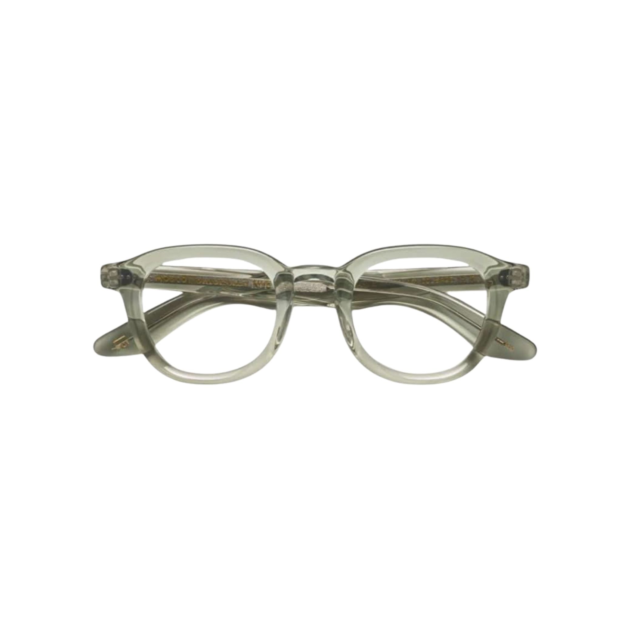 Frontansicht der Moscot Dahven in Sage – panto-inspirierte Designerbrille aus Acetat in mittlerer Größe bei Optik Bartholomä München