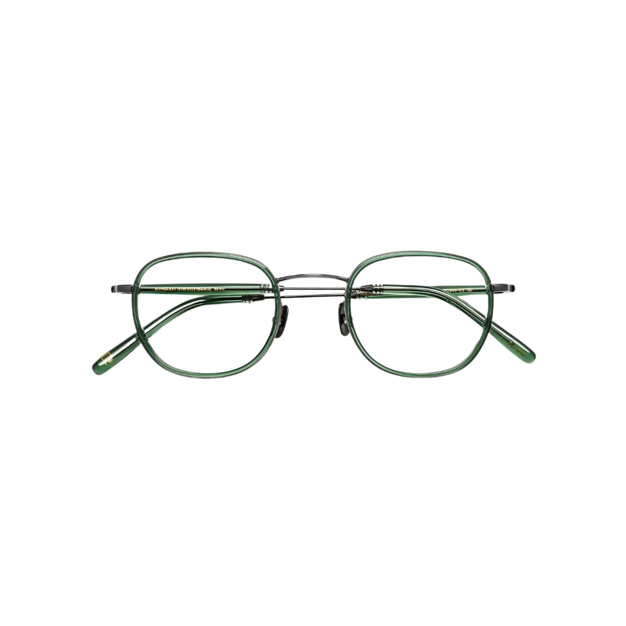 Frontansicht der Moscot Brille Mosha in Pine – eleganter Windsor-Rahmen aus halbtransparentem grünem Acetat und filigranem Metall, erhältlich bei Optik Bartholomä in München.