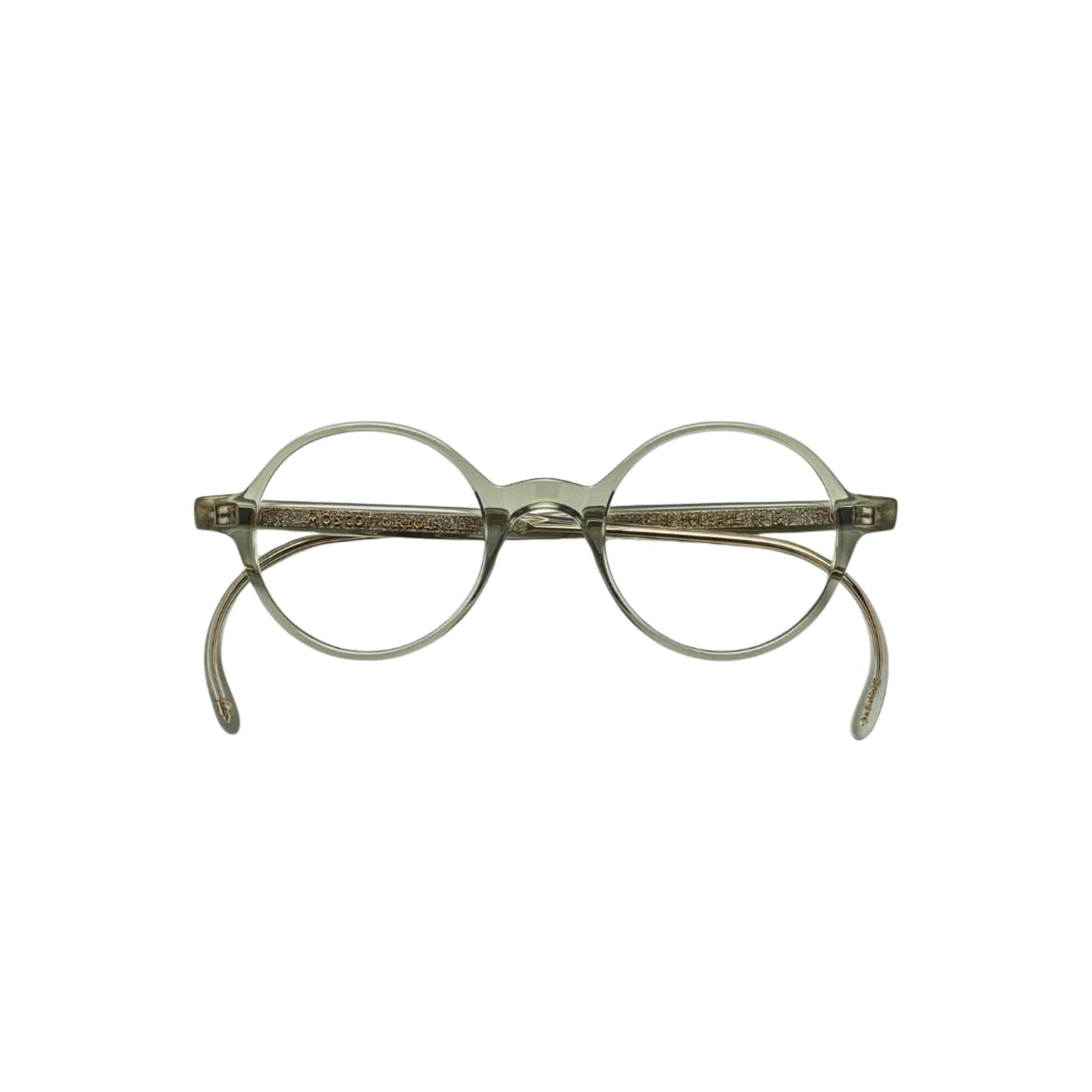 Frontansicht der Moscot SCOOCH Brille in Sage, erhältlich bei Optik Bartholomä in München – markantes Acetatgestell mit sanft grüner Farbgebung.