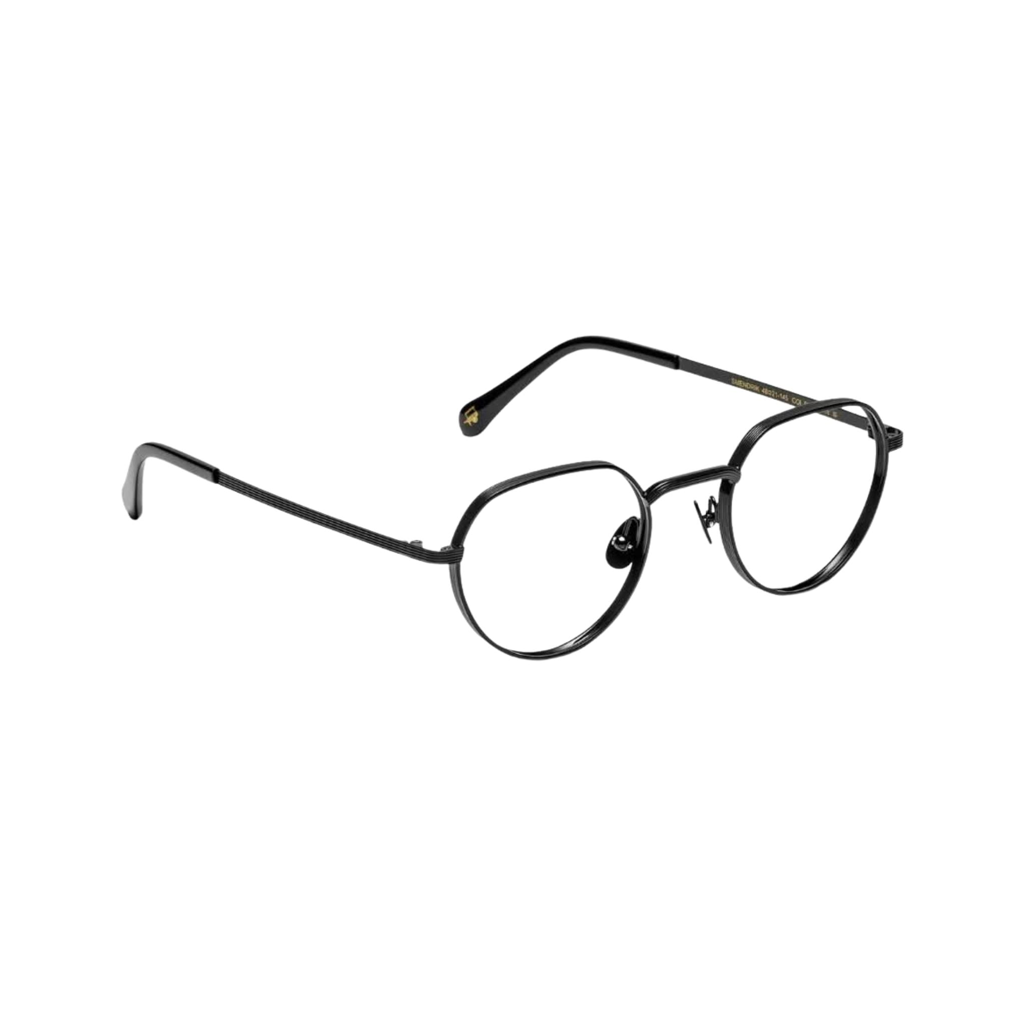 Die Brille SMENDRIK in Black  von Moscot in Seitenansicht, erhältlich bei Optik Bartholomä in München. Mit gestreiftem Metall und Acetat-Bügelspitzen für perfekten Komfort.