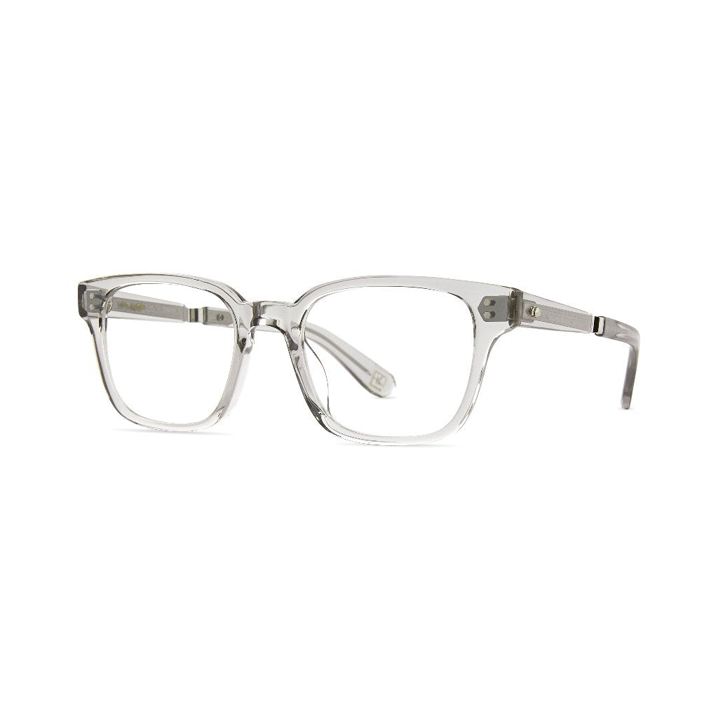 Seitenansicht der Mr. Leight Surveyor C Quicksilver Platinum Designerbrille – schlanker Bügel kombiniert mit hochwertigem Acetat in Quicksilver für modernen Tragekomfort und elegantes Design, verfügbar bei Brillen Schneider in München