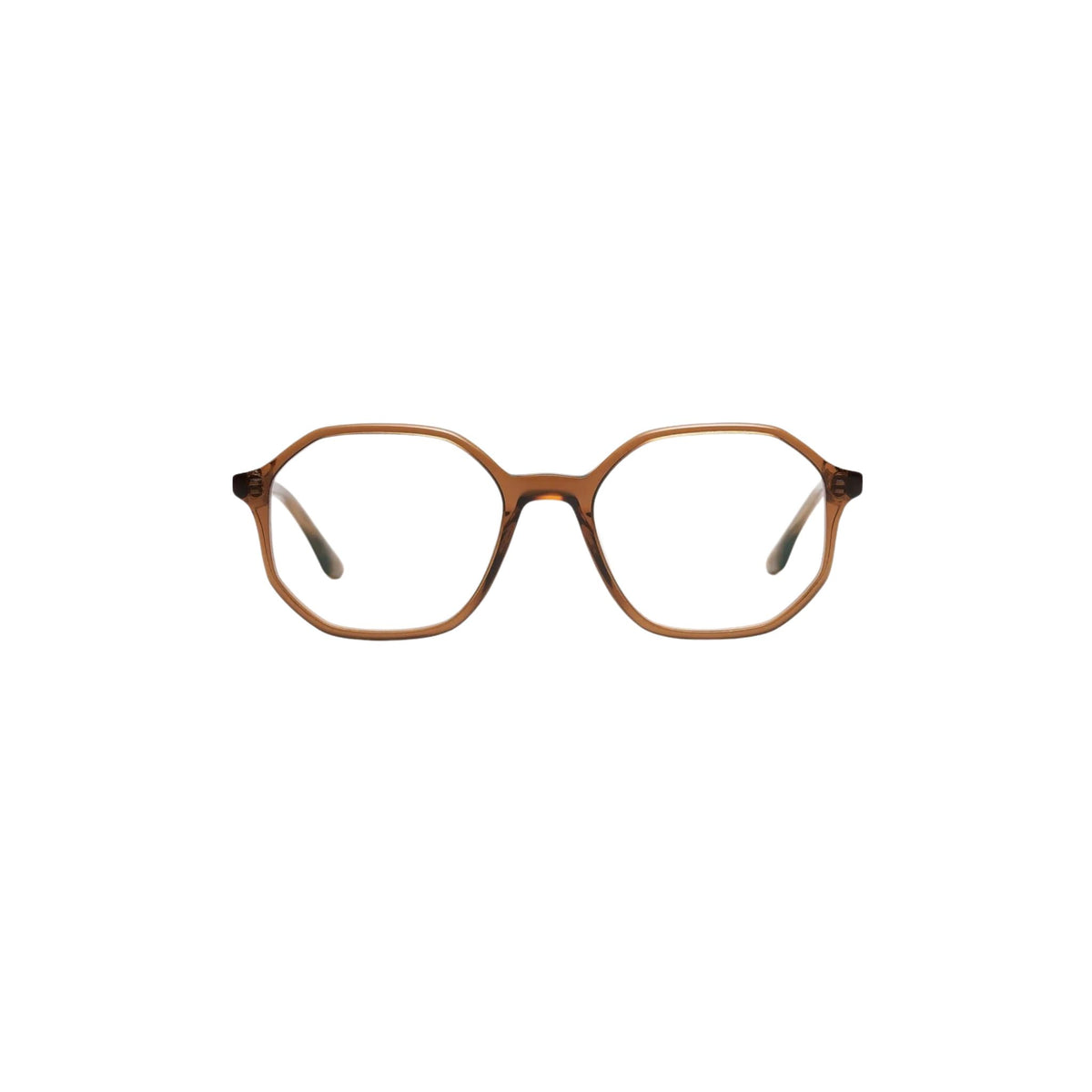 Peter and May GEORGIA LT13 Dark Amber Brille Frontansicht geometrisch transparentes braunes Acetat Bernstein Optik Bartholomä München