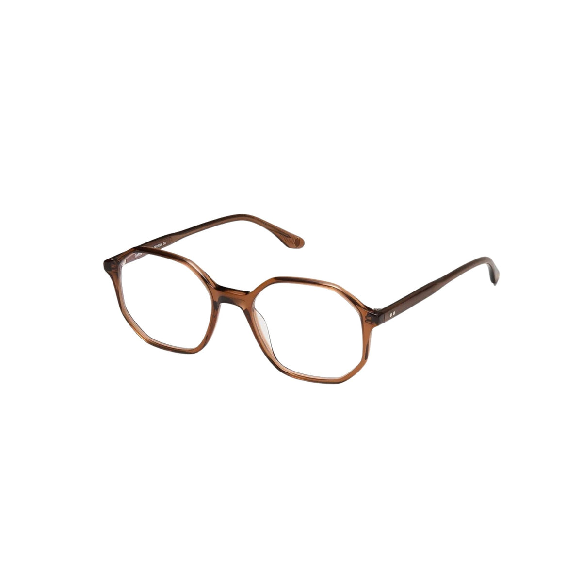 Peter and May GEORGIA LT13 Dark Amber Brille Seitenansicht transparentes Acetat warmes Braun schlanke Bügel Optik Bartholomä München