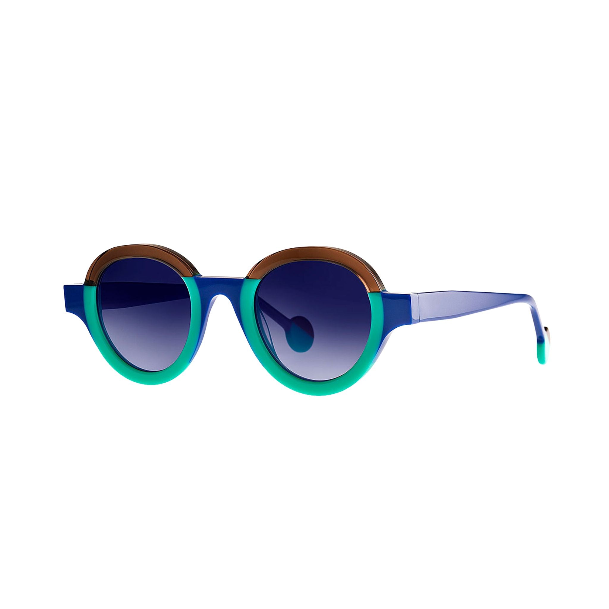 Theo FUTURISME 32 Sonnenbrille Frontansicht Panto Blau Türkis Acetat Verlaufsgläser München Optiker Brillen Schneider
