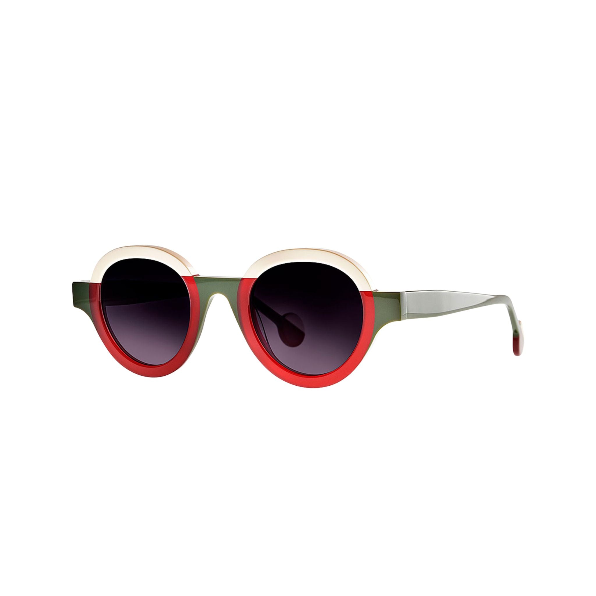 Theo FUTURISME 33 Sonnenbrille Frontansicht Panto Grün Weiß Rot Acetat Verlaufsgläser München Optiker Brillen Schneider