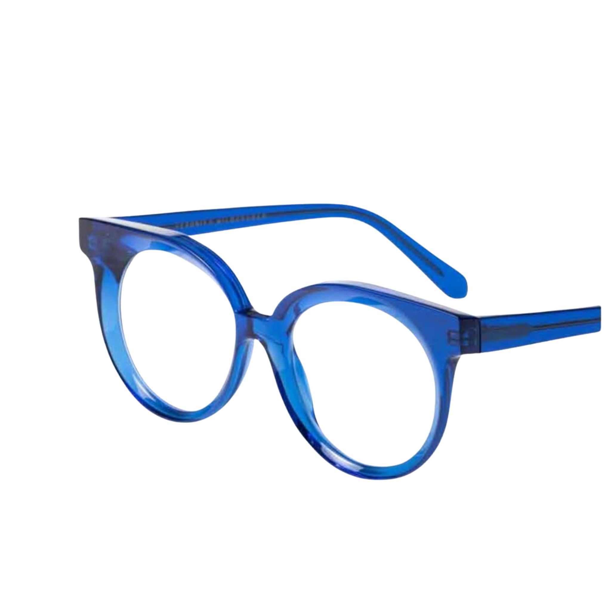 Seitenansicht der Veronika Wildgruber Eyewear Brille in blau ausgefallene Designerbrille -  bei Brillen Schneider in München erhältlich