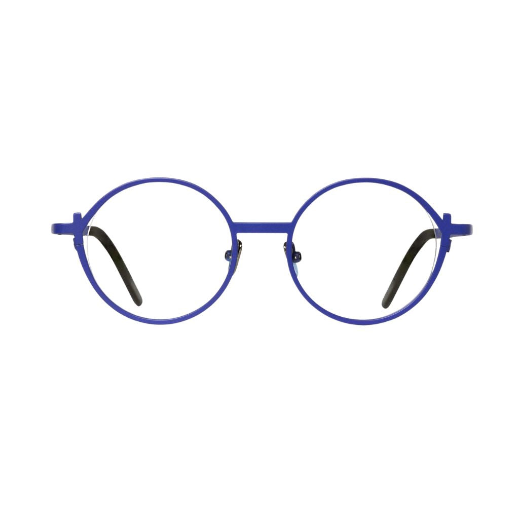 Designerbrille Veronika Wildgruber LUKE 080 Electric Blue – Frontansicht grafische, runde Metallfassung im minimalistischen Design bei Brillen Schneider München