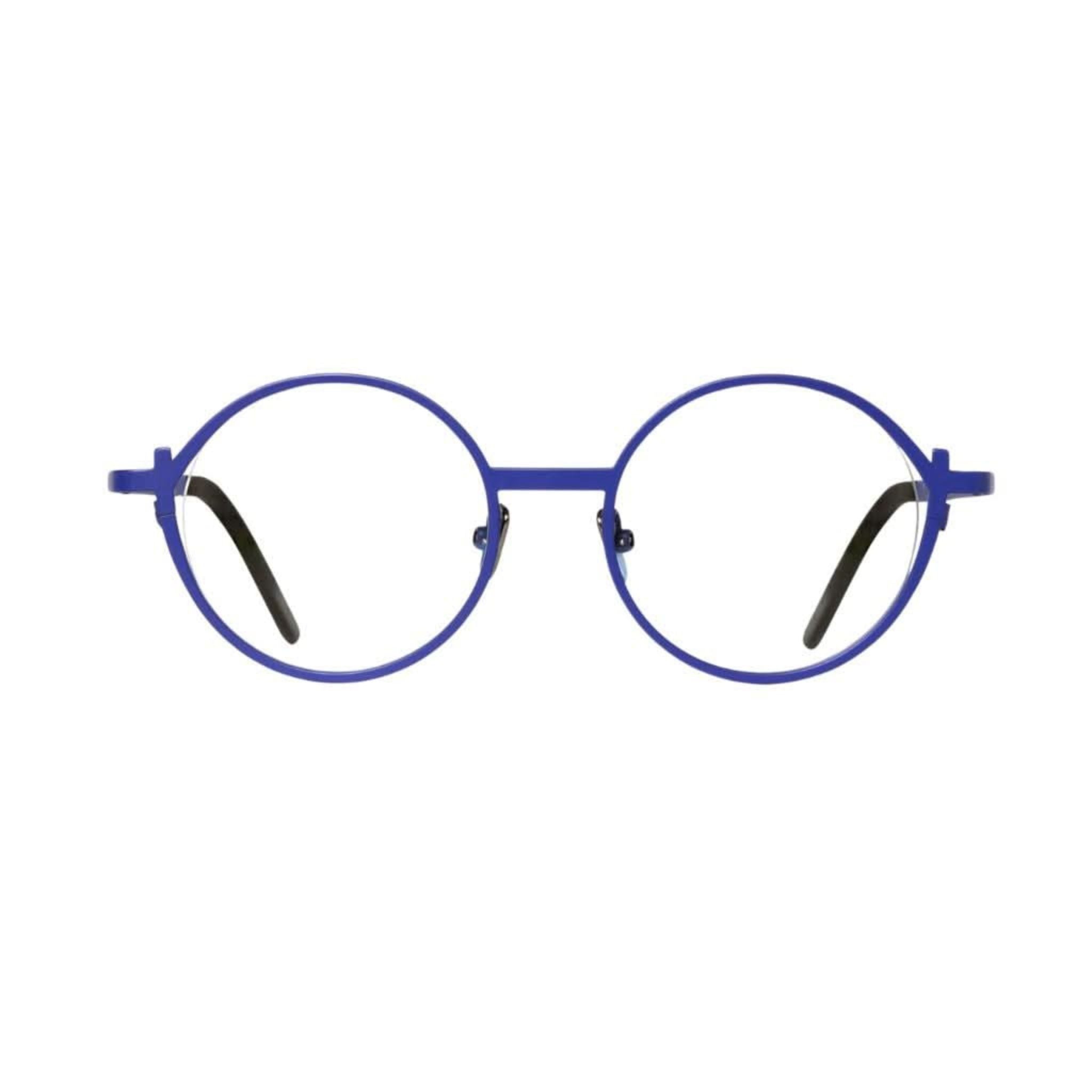 Designerbrille Veronika Wildgruber LUKE 080 Electric Blue – Frontansicht grafische, runde Metallfassung im minimalistischen Design bei Brillen Schneider München