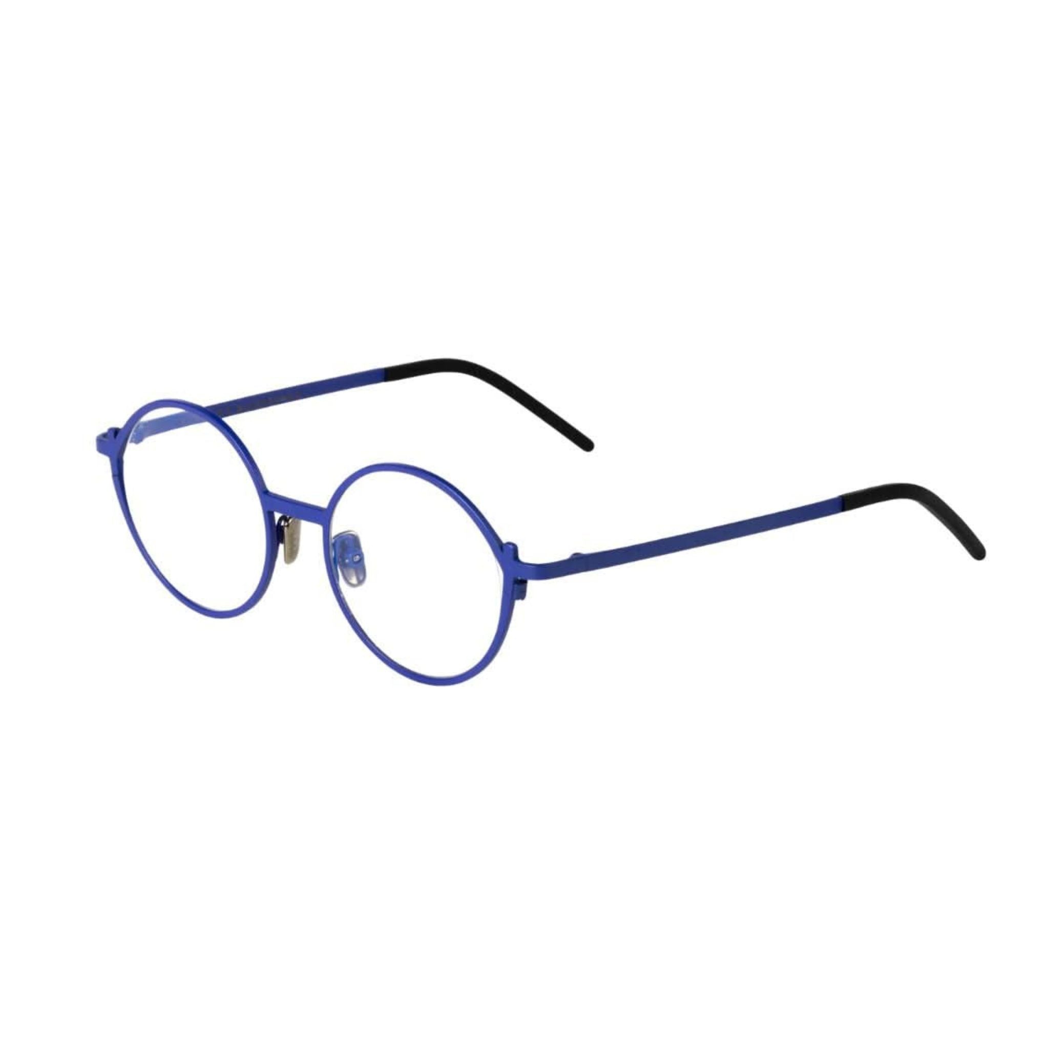 Seitenansicht der Veronika Wildgruber LUKE 080 Electric Blue – elegante Designerbrille aus Metall mit besonderem Bügeldetail bei Brillen Schneider - Ihr Opitker seit 1970 in München
