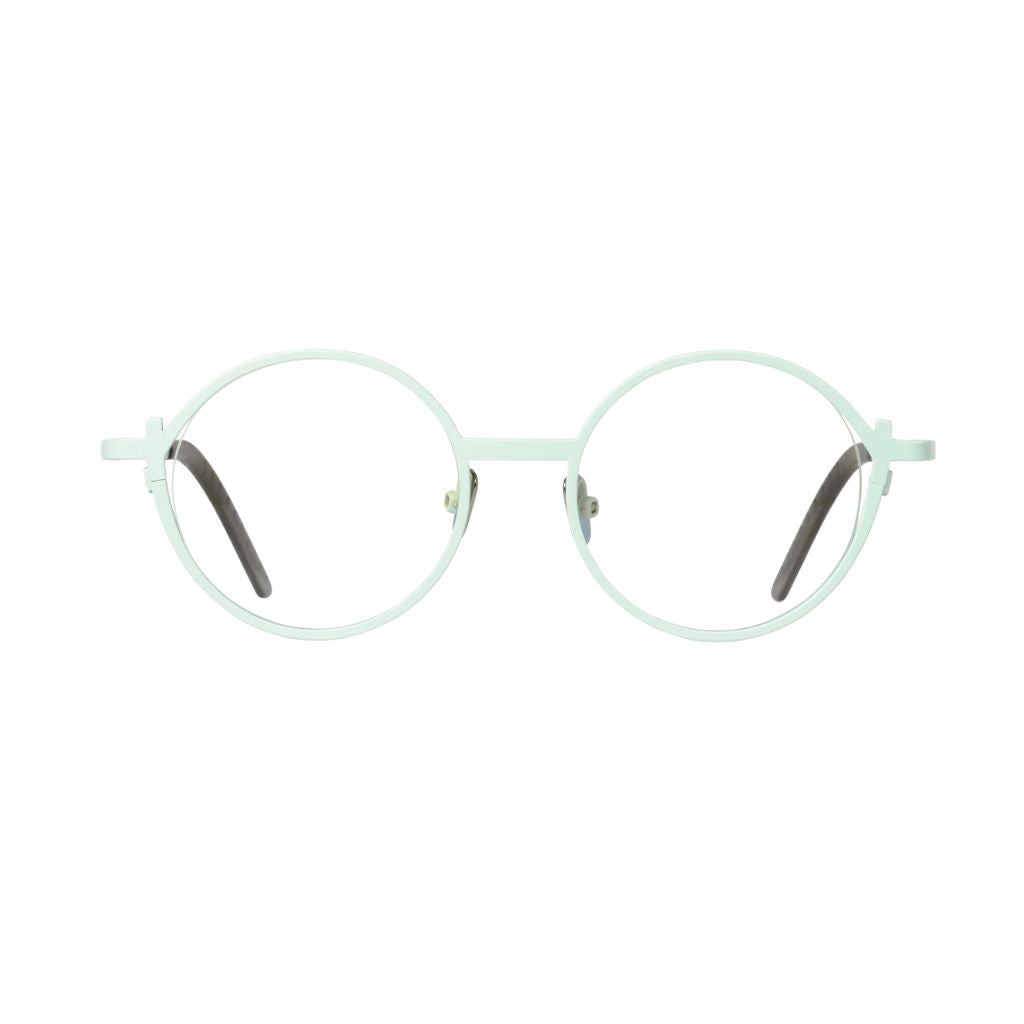 Frontansicht der Veronika Wildgruber LUKE 086 in Mint – runde, minimalistische Metallbrille mit feiner Linienführung bei Brillen Schneider München