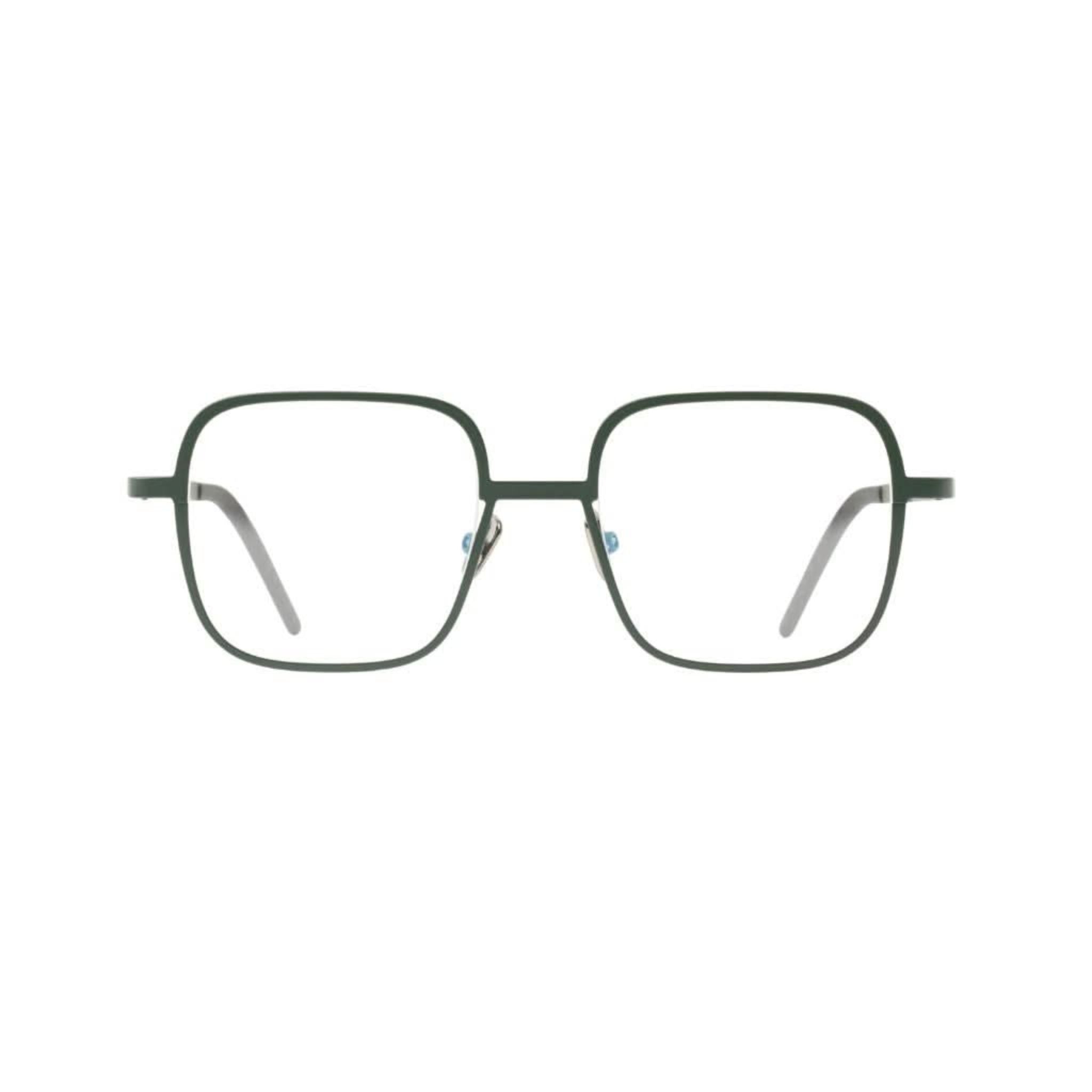 Frontansicht der Veronika Wildgruber WALKER 088 in bottle green – quadratische Designerbrille aus Metall mit ruhiger Linienführung bei Brillen Schneider München